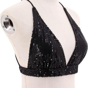 Sequin V Neck Crop Halter Cami Top with 59” straps.